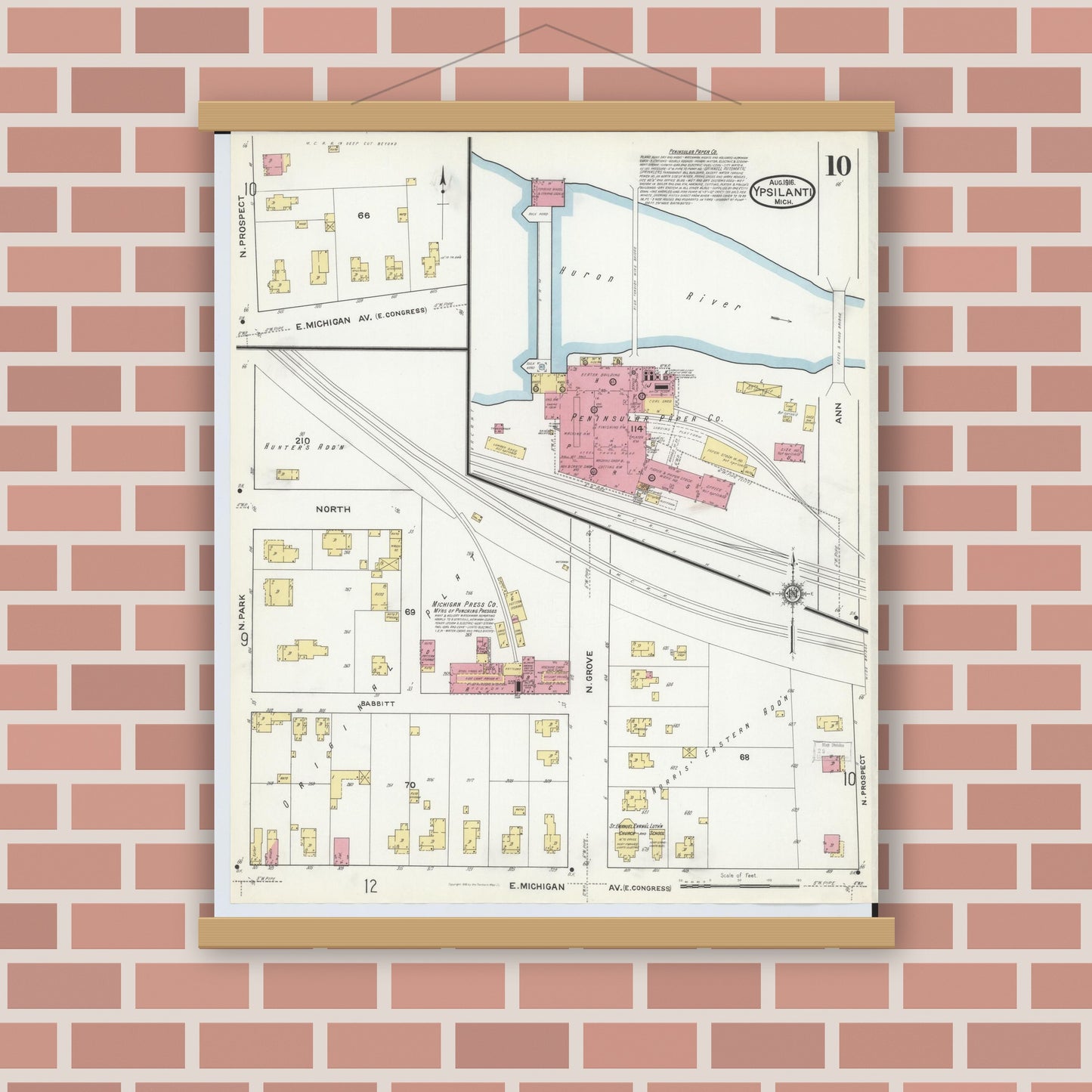 Old map wall art mockup — magnetic wood frame on brick wall — Sanborn Fire Insurance Map from Ypsilanti, Washtenaw County, Michigan (1916), Sheet #0010