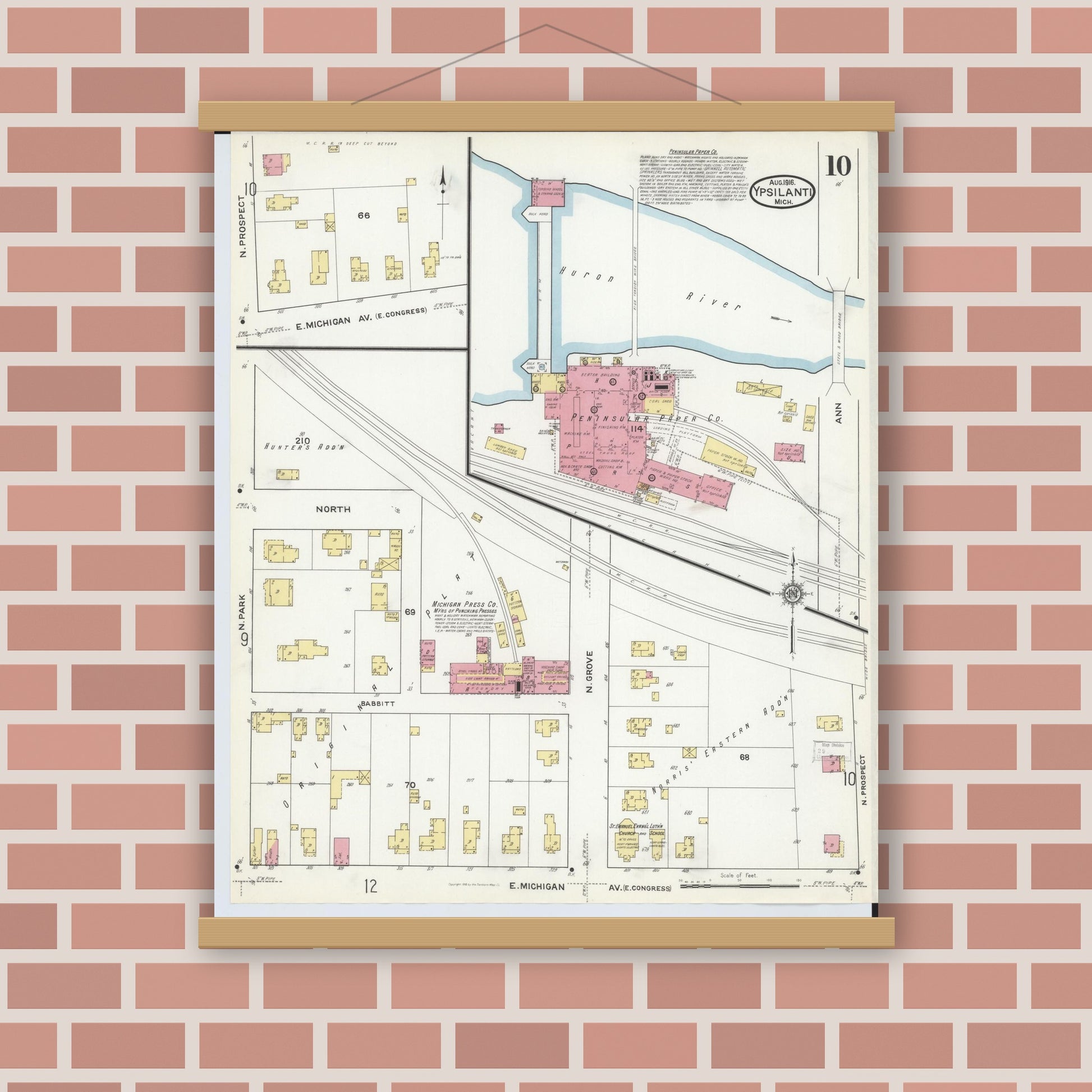 Old map wall art mockup — magnetic wood frame on brick wall — Sanborn Fire Insurance Map from Ypsilanti, Washtenaw County, Michigan (1916), Sheet #0010