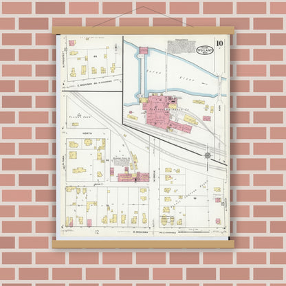Old map wall art mockup — magnetic wood frame on brick wall — Sanborn Fire Insurance Map from Ypsilanti, Washtenaw County, Michigan (1916), Sheet #0010