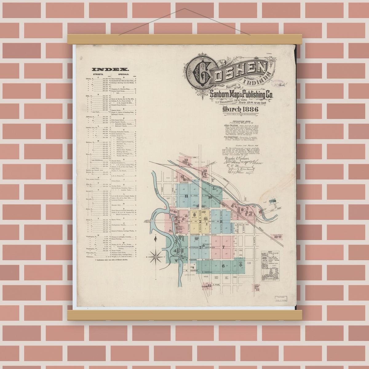 Old map wall art mockup — magnetic wood frame on brick wall — Sanborn Fire Insurance Map from Goshen, Elkhart County, Indiana (1886), Sheet #0001