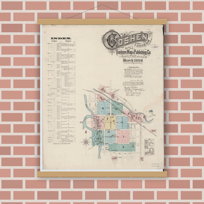 Old map wall art mockup — magnetic wood frame on brick wall — Sanborn Fire Insurance Map from Goshen, Elkhart County, Indiana (1886), Sheet #0001