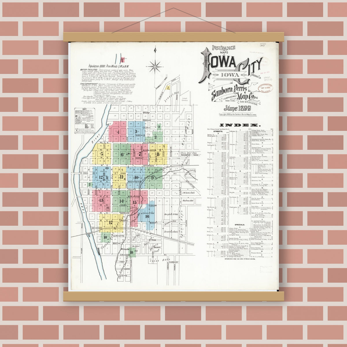 Old map wall art mockup — magnetic wood frame on brick wall — Sanborn Fire Insurance Map from Iowa City, Johnson County, Iowa (1899) â€” Complete Set
