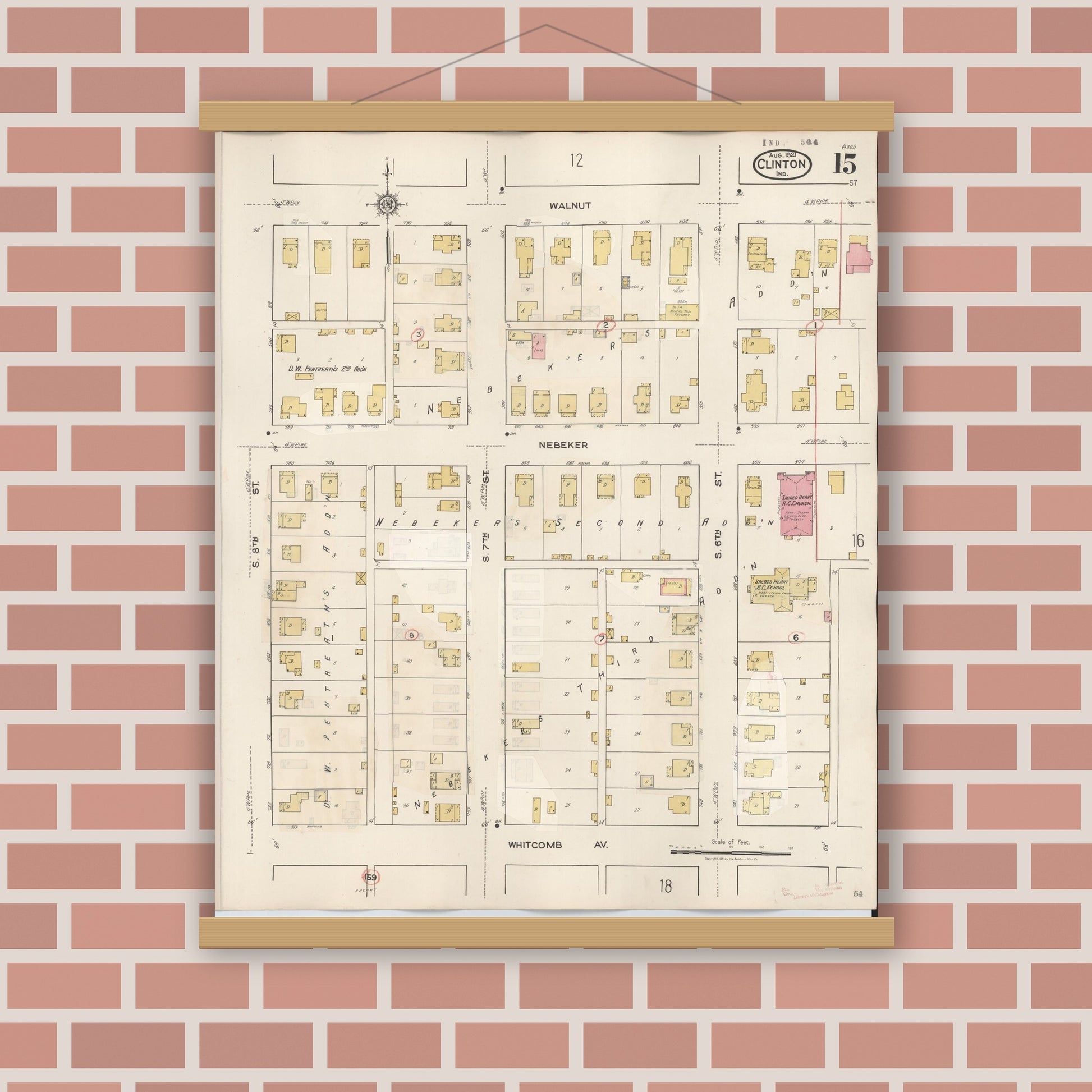 Old map wall art mockup — magnetic wood frame on brick wall — Sanborn Fire Insurance Map from Clinton, Vermillion County, Indiana (1947), Sheet #0015