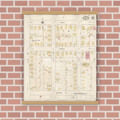 Old map wall art mockup — magnetic wood frame on brick wall — Sanborn Fire Insurance Map from Clinton, Vermillion County, Indiana (1947), Sheet #0015