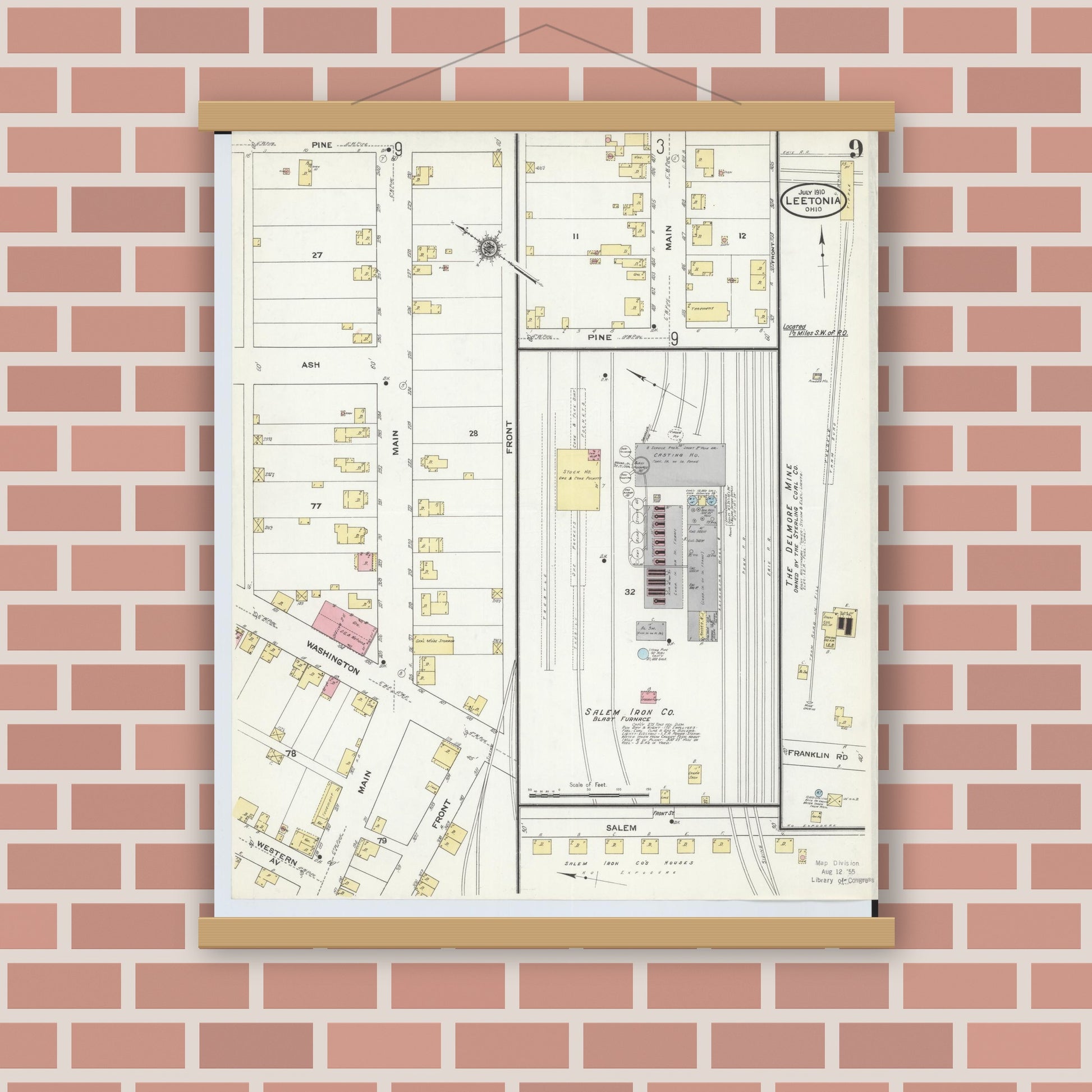 Old map wall art mockup — magnetic wood frame on brick wall — Sanborn Fire Insurance Map from Leetonia, Columbiana County, Ohio (1910), Sheet #0009