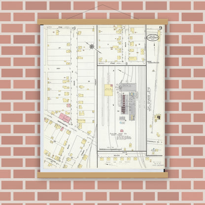 Old map wall art mockup — magnetic wood frame on brick wall — Sanborn Fire Insurance Map from Leetonia, Columbiana County, Ohio (1910), Sheet #0009