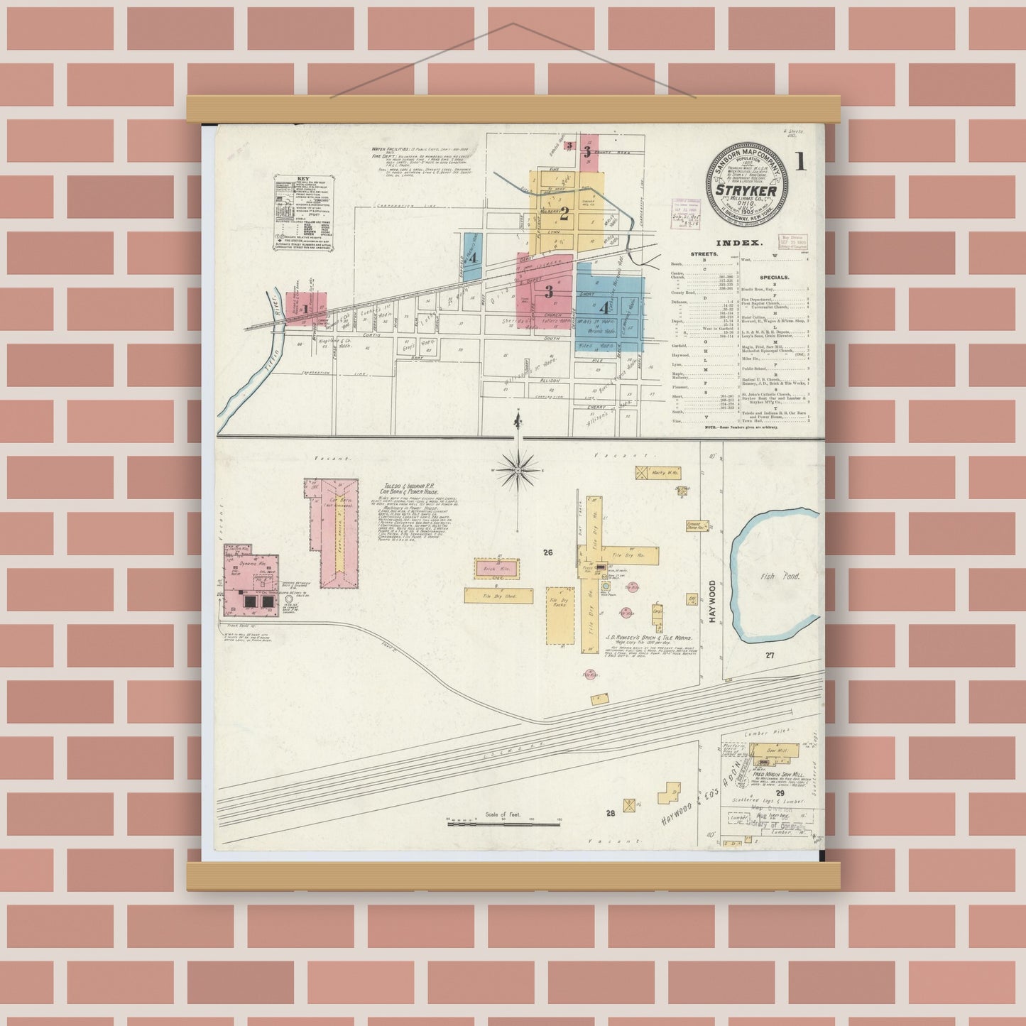 Old map wall art mockup — magnetic wood frame on brick wall — Sanborn Fire Insurance Map from Stryker, Williams County, Ohio (1905), Sheet #0001