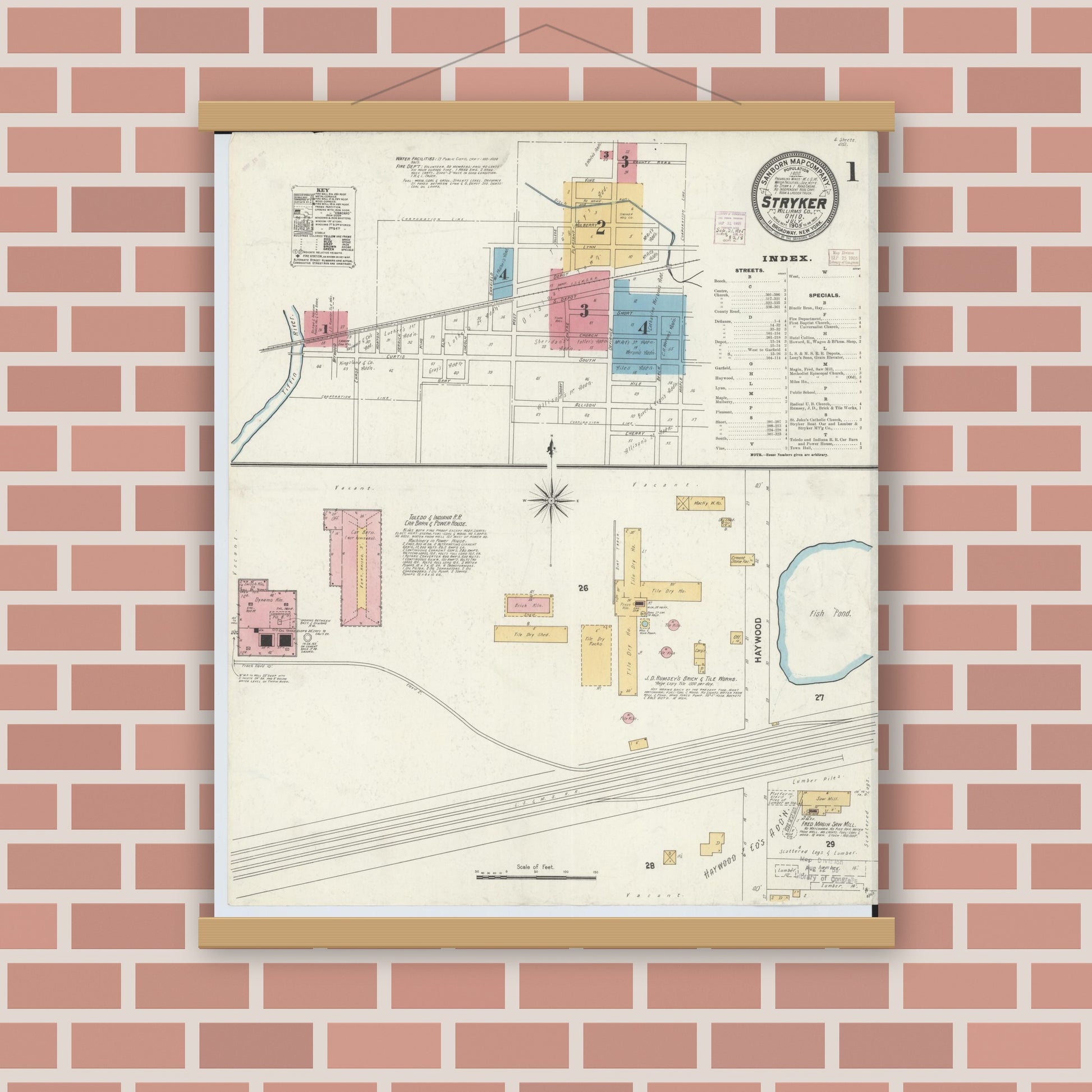 Old map wall art mockup — magnetic wood frame on brick wall — Sanborn Fire Insurance Map from Stryker, Williams County, Ohio (1905), Sheet #0001
