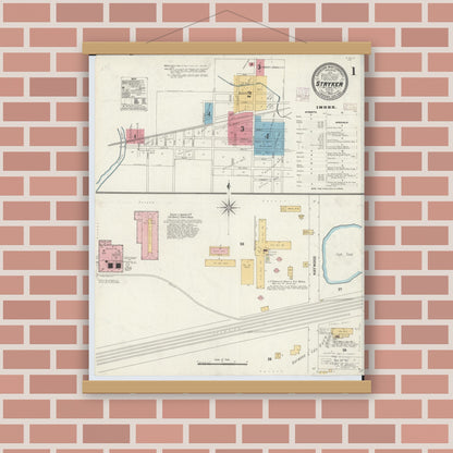 Old map wall art mockup — magnetic wood frame on brick wall — Sanborn Fire Insurance Map from Stryker, Williams County, Ohio (1905), Sheet #0001
