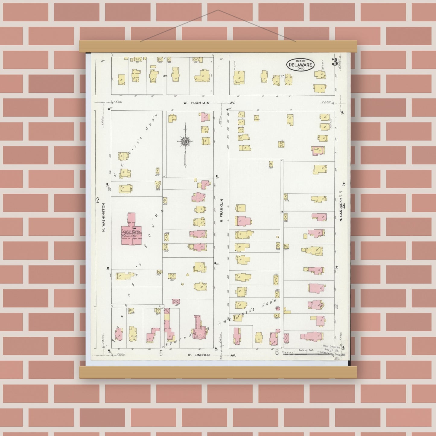 Old map wall art mockup — magnetic wood frame on brick wall — Sanborn Fire Insurance Map from Delaware, Delaware County, Ohio (1911), Sheet #0003
