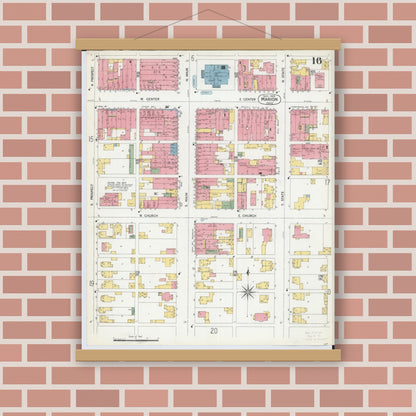 Old map wall art mockup — magnetic wood frame on brick wall — Sanborn Fire Insurance Map from Marion, Marion County, Ohio (1900), Sheet #0016