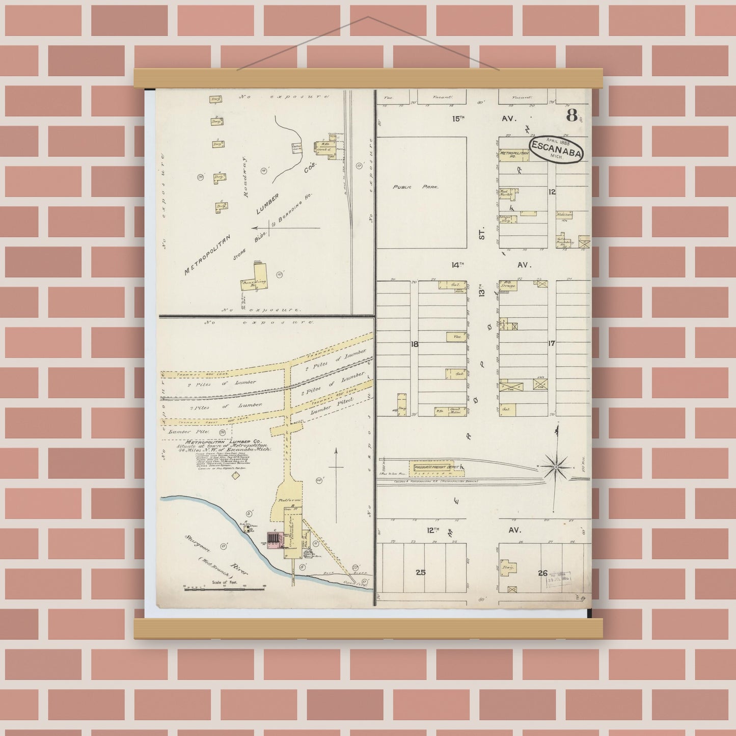 Old map wall art mockup — magnetic wood frame on brick wall — Sanborn Fire Insurance Map from Escanaba, Delta County, Michigan (1888), Sheet #0008