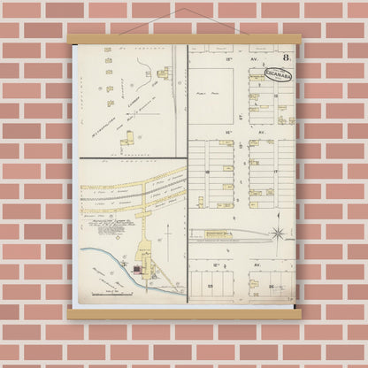 Old map wall art mockup — magnetic wood frame on brick wall — Sanborn Fire Insurance Map from Escanaba, Delta County, Michigan (1888), Sheet #0008