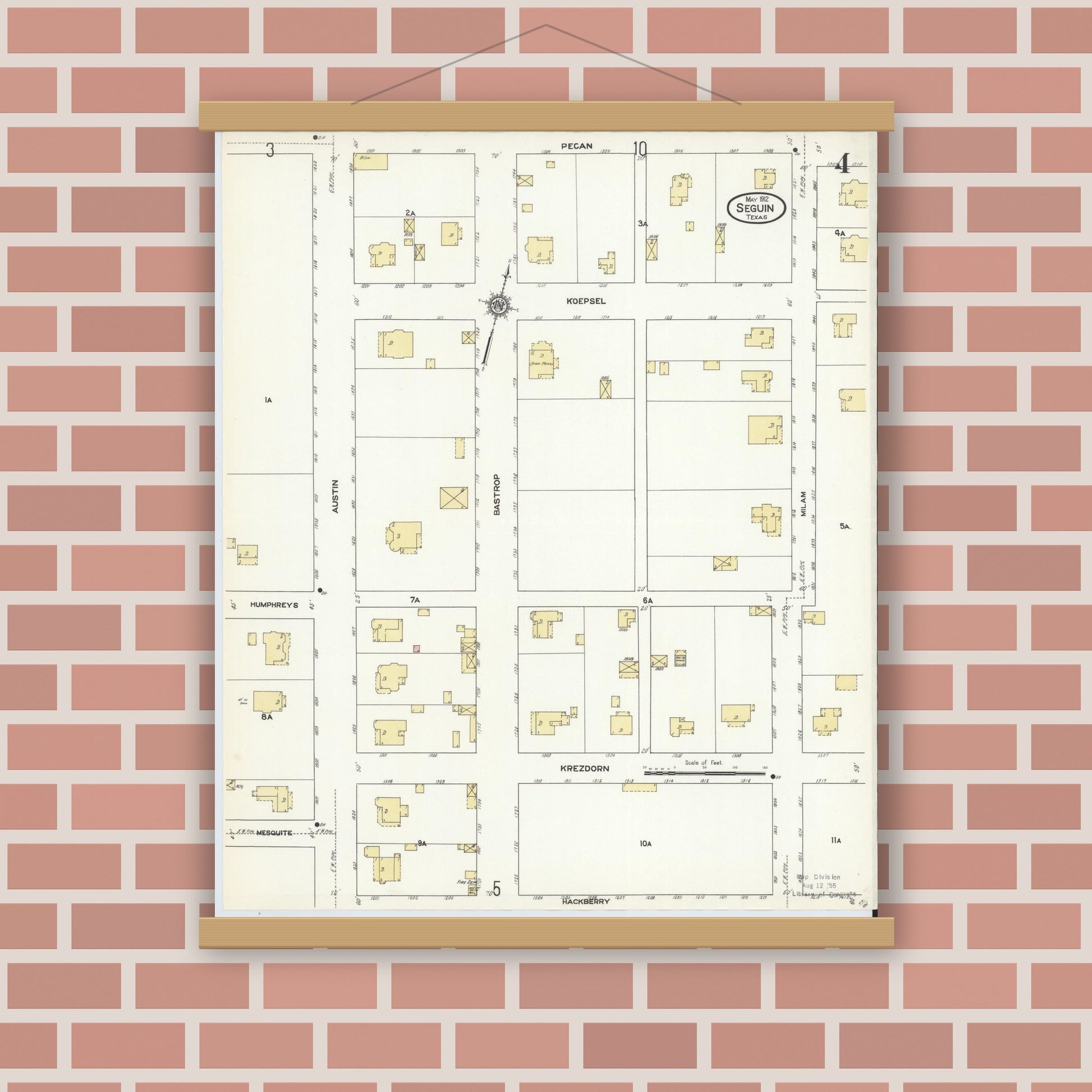 Old map wall art mockup — magnetic wood frame on brick wall — Sanborn Fire Insurance Map from Seguin, Guadalupe County, Texas (1912), Sheet #0004