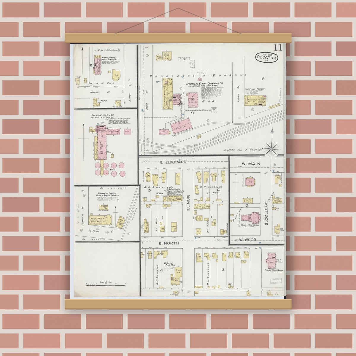 Old map wall art mockup — magnetic wood frame on brick wall — Sanborn Fire Insurance Map from Decatur, Macon County, Illinois (1887), Sheet #0011