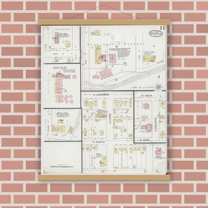 Old map wall art mockup — magnetic wood frame on brick wall — Sanborn Fire Insurance Map from Decatur, Macon County, Illinois (1887), Sheet #0011