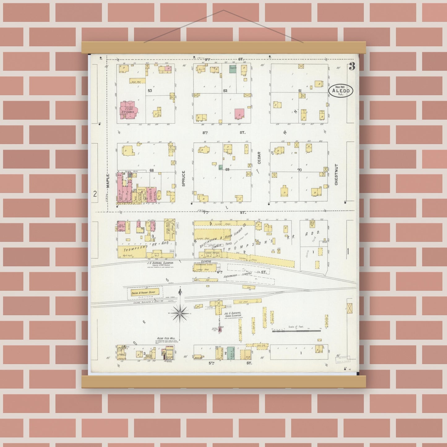 Old map wall art mockup — magnetic wood frame on brick wall — Sanborn Fire Insurance Map from Aledo, Mercer County, Illinois (1901), Sheet #0003