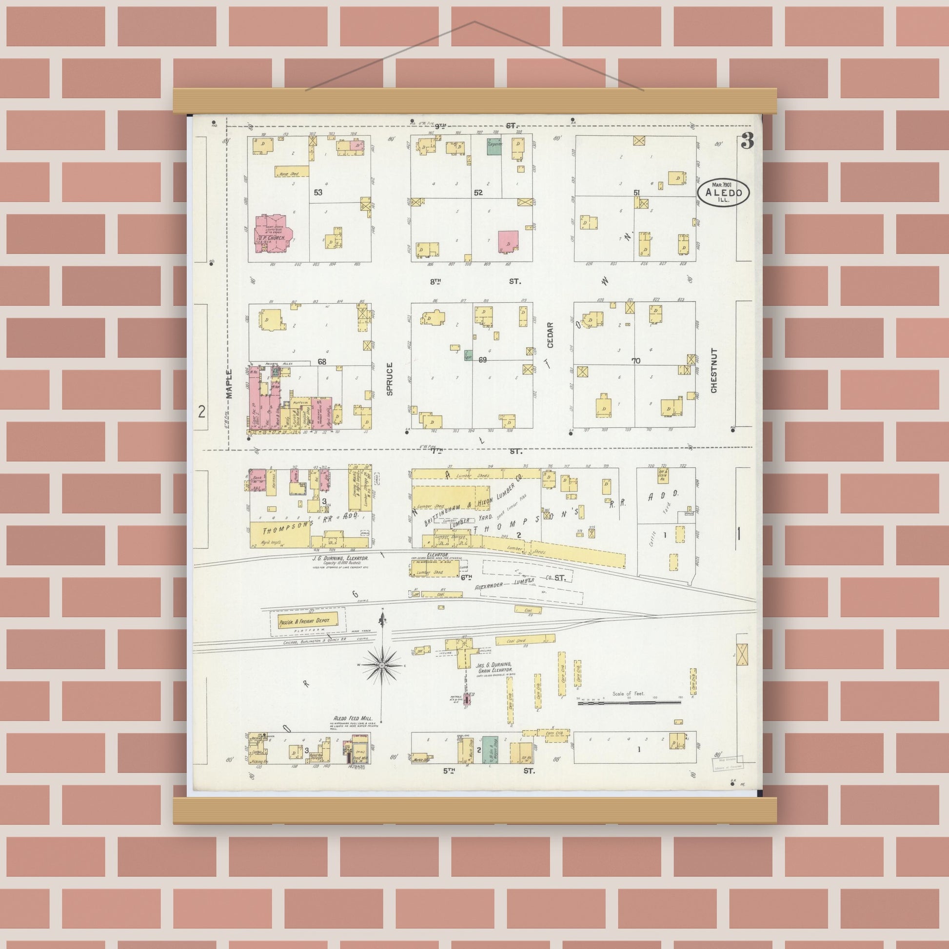 Old map wall art mockup — magnetic wood frame on brick wall — Sanborn Fire Insurance Map from Aledo, Mercer County, Illinois (1901), Sheet #0003