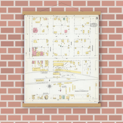 Old map wall art mockup — magnetic wood frame on brick wall — Sanborn Fire Insurance Map from Aledo, Mercer County, Illinois (1901), Sheet #0003