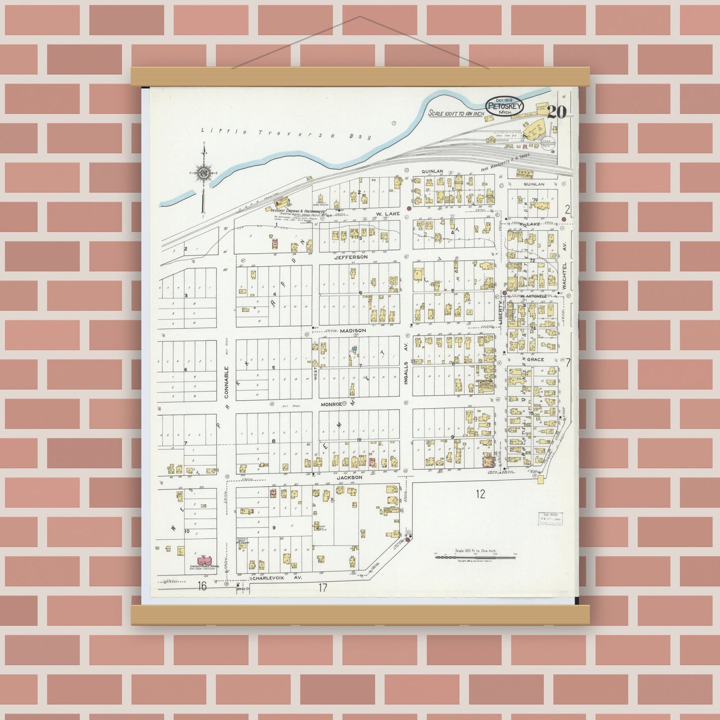 Old map wall art mockup — magnetic wood frame on brick wall — Sanborn Fire Insurance Map from Petoskey, Emmet County, Michigan (1919), Sheet #0020