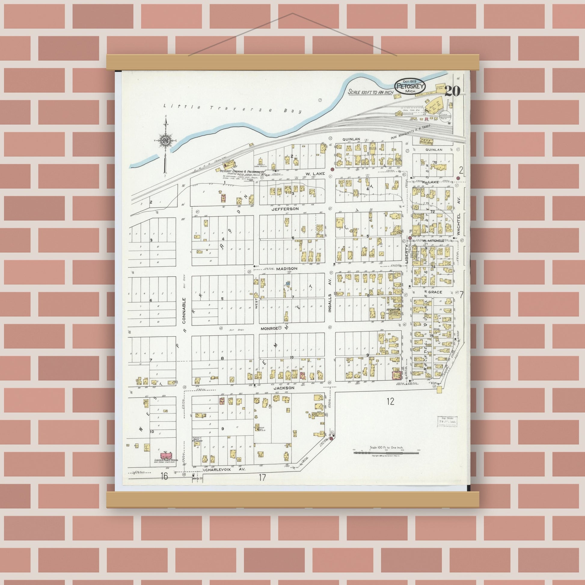 Old map wall art mockup — magnetic wood frame on brick wall — Sanborn Fire Insurance Map from Petoskey, Emmet County, Michigan (1919), Sheet #0020