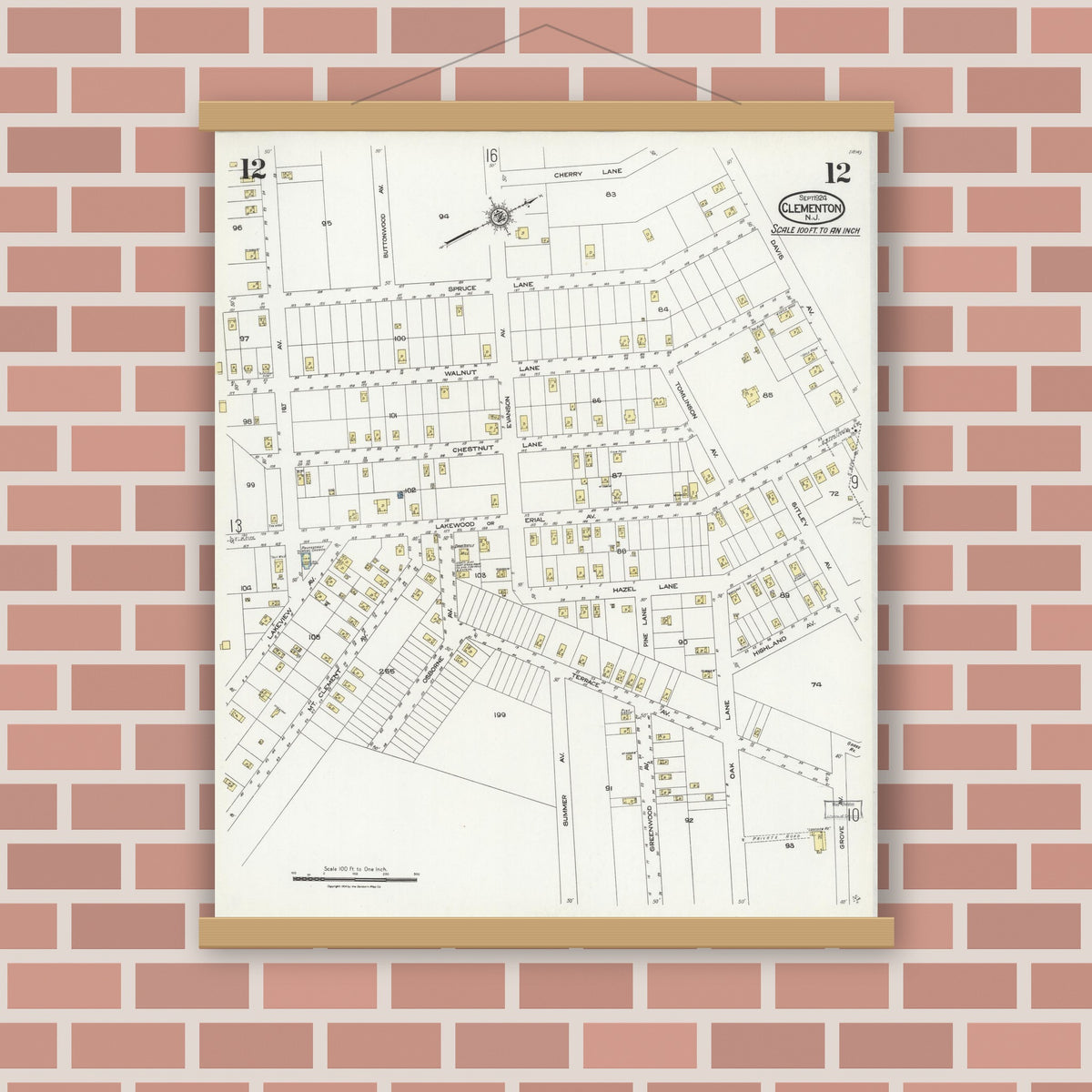 Old map wall art mockup — magnetic wood frame on brick wall — Sanborn Fire Insurance Map from Clementon, Camden County, New Jersey (1924), Sheet #0012