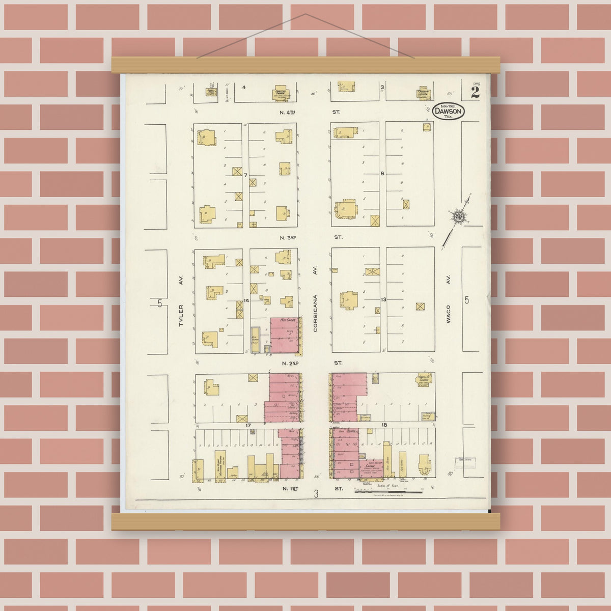 Old map wall art mockup — magnetic wood frame on brick wall — Sanborn Fire Insurance Map from Dawson, Navarro County, Texas (1921), Sheet #0002
