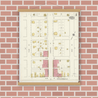 Old map wall art mockup — magnetic wood frame on brick wall — Sanborn Fire Insurance Map from Dawson, Navarro County, Texas (1921), Sheet #0002