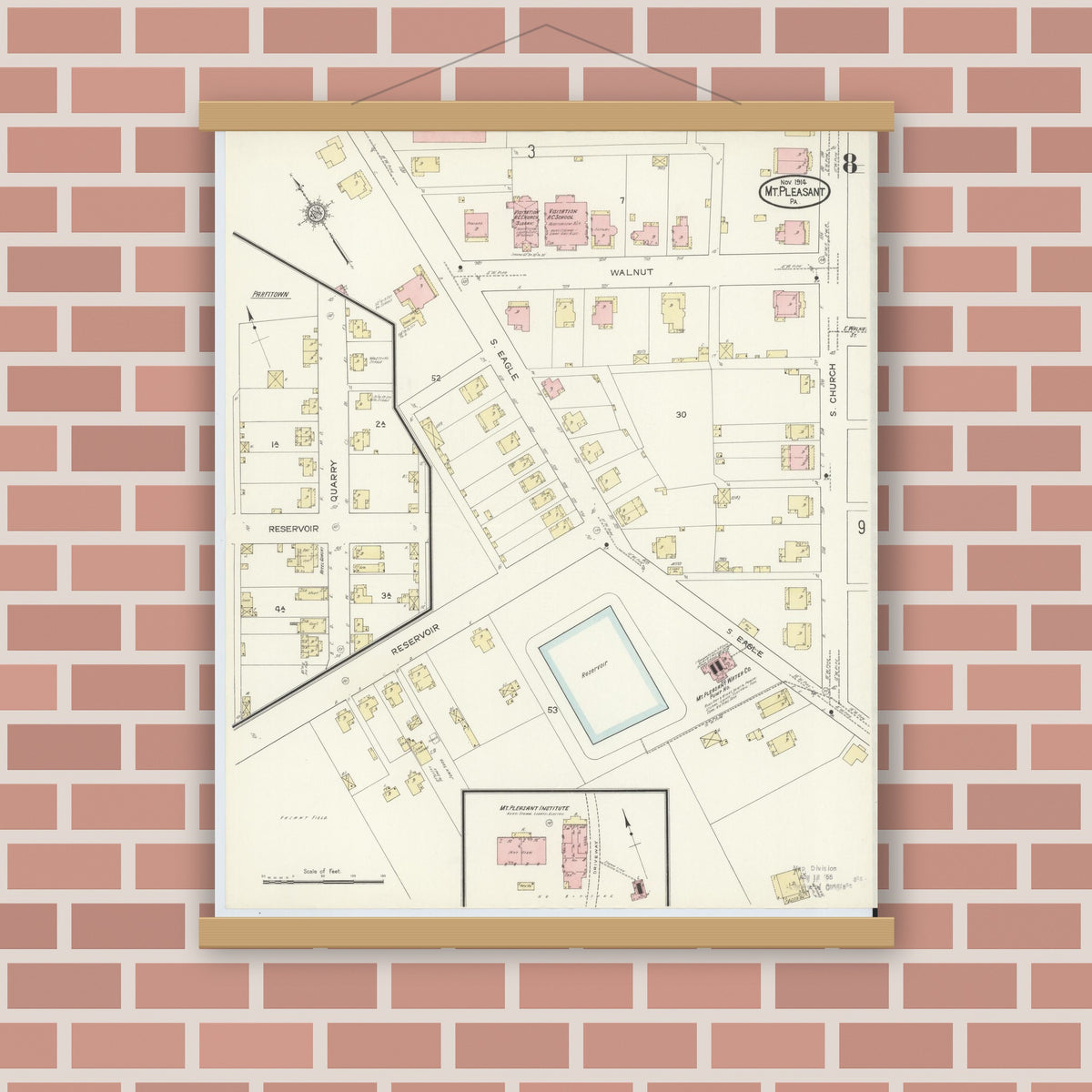 Old map wall art mockup — magnetic wood frame on brick wall — Sanborn Fire Insurance Map from Mount Pleasant, Westmoreland County, Pennsylvania (1914), Sheet #0008