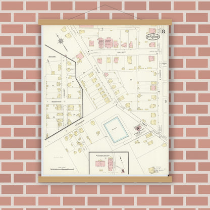 Old map wall art mockup — magnetic wood frame on brick wall — Sanborn Fire Insurance Map from Mount Pleasant, Westmoreland County, Pennsylvania (1914), Sheet #0008