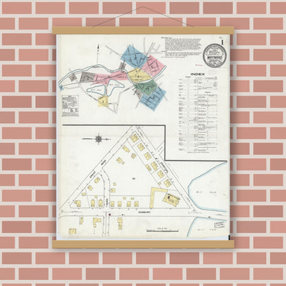 Old map wall art mockup — magnetic wood frame on brick wall — Sanborn Fire Insurance Map from Maynard, Middlesex County, Massachusetts (1910), Sheet #0001