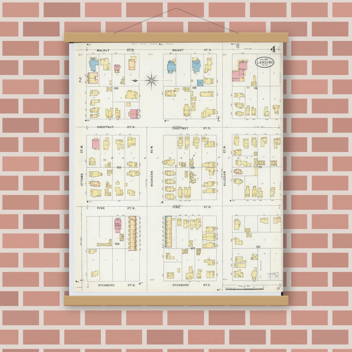 Old map wall art mockup — magnetic wood frame on brick wall — Sanborn Fire Insurance Map from Lansing, Ingham County, Michigan (1898), Sheet #0004