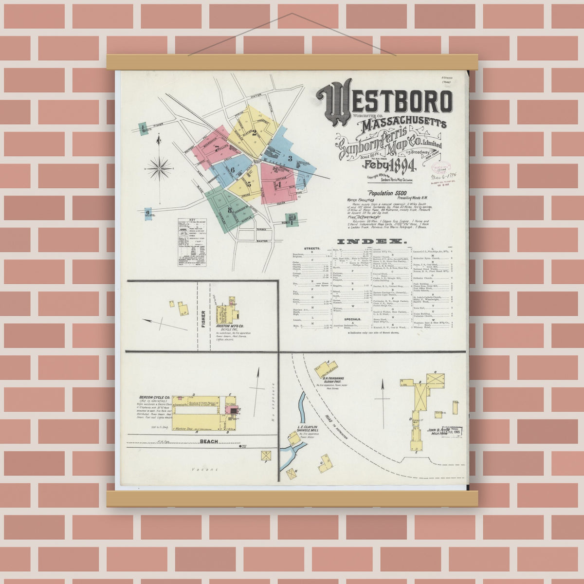 Old map wall art mockup — magnetic wood frame on brick wall — Sanborn Fire Insurance Map from Westboro, Worcester County, Massachusetts (1894) - Complete Map Set