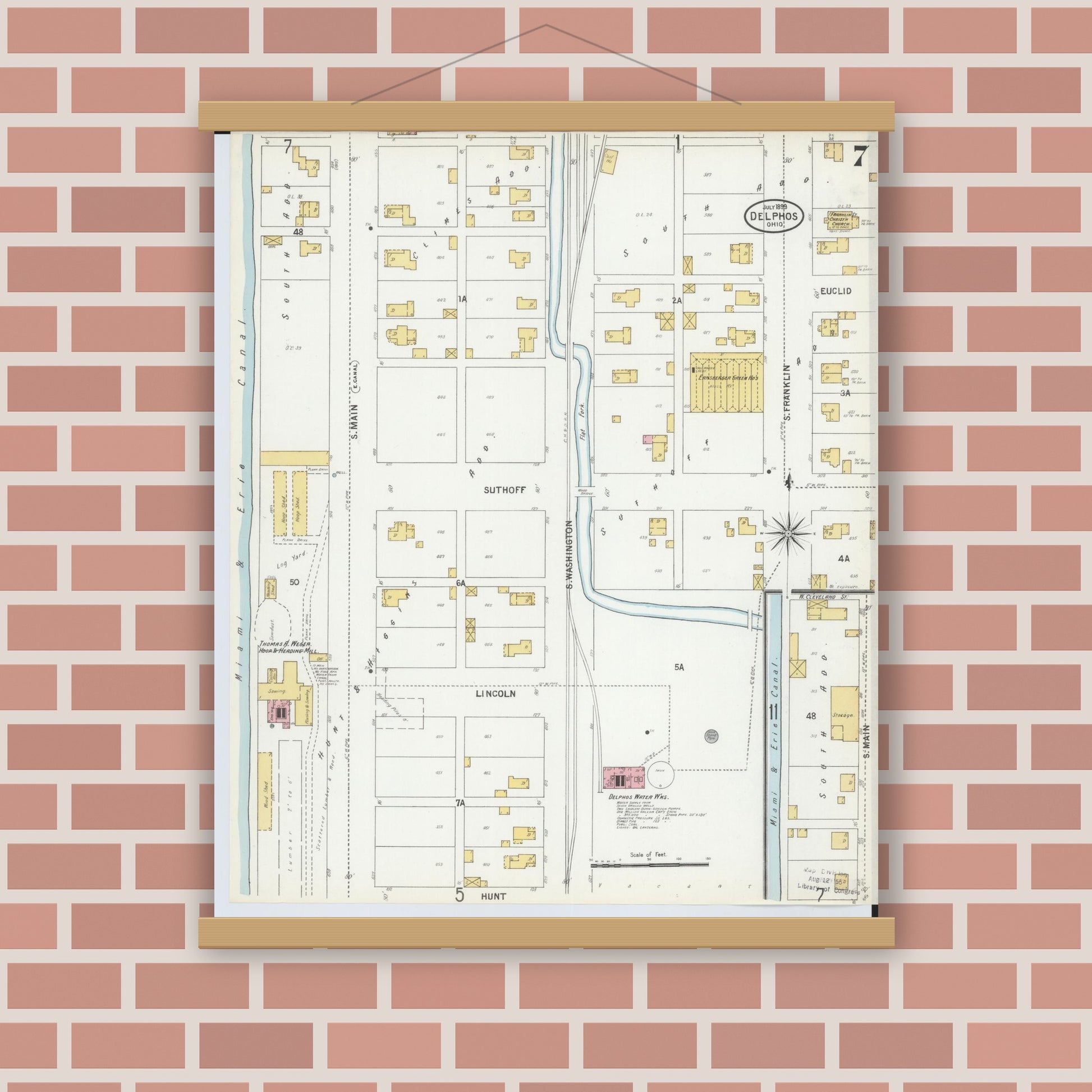 Old map wall art mockup — magnetic wood frame on brick wall — Sanborn Fire Insurance Map from Delphos, Van Wert And Allen Counties, Ohio (1899), Sheet #0007