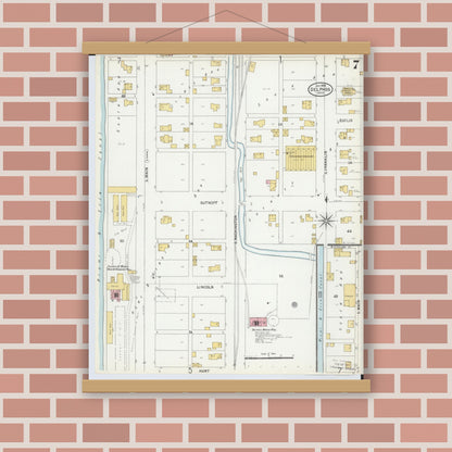 Old map wall art mockup — magnetic wood frame on brick wall — Sanborn Fire Insurance Map from Delphos, Van Wert And Allen Counties, Ohio (1899), Sheet #0007