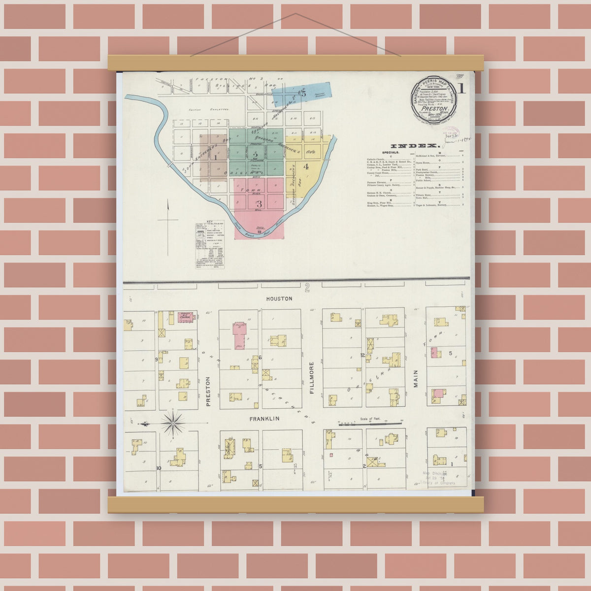 Old map wall art mockup — magnetic wood frame on brick wall — Sanborn Fire Insurance Map from Preston, Fillmore County, Minnesota (1894), Sheet #0001