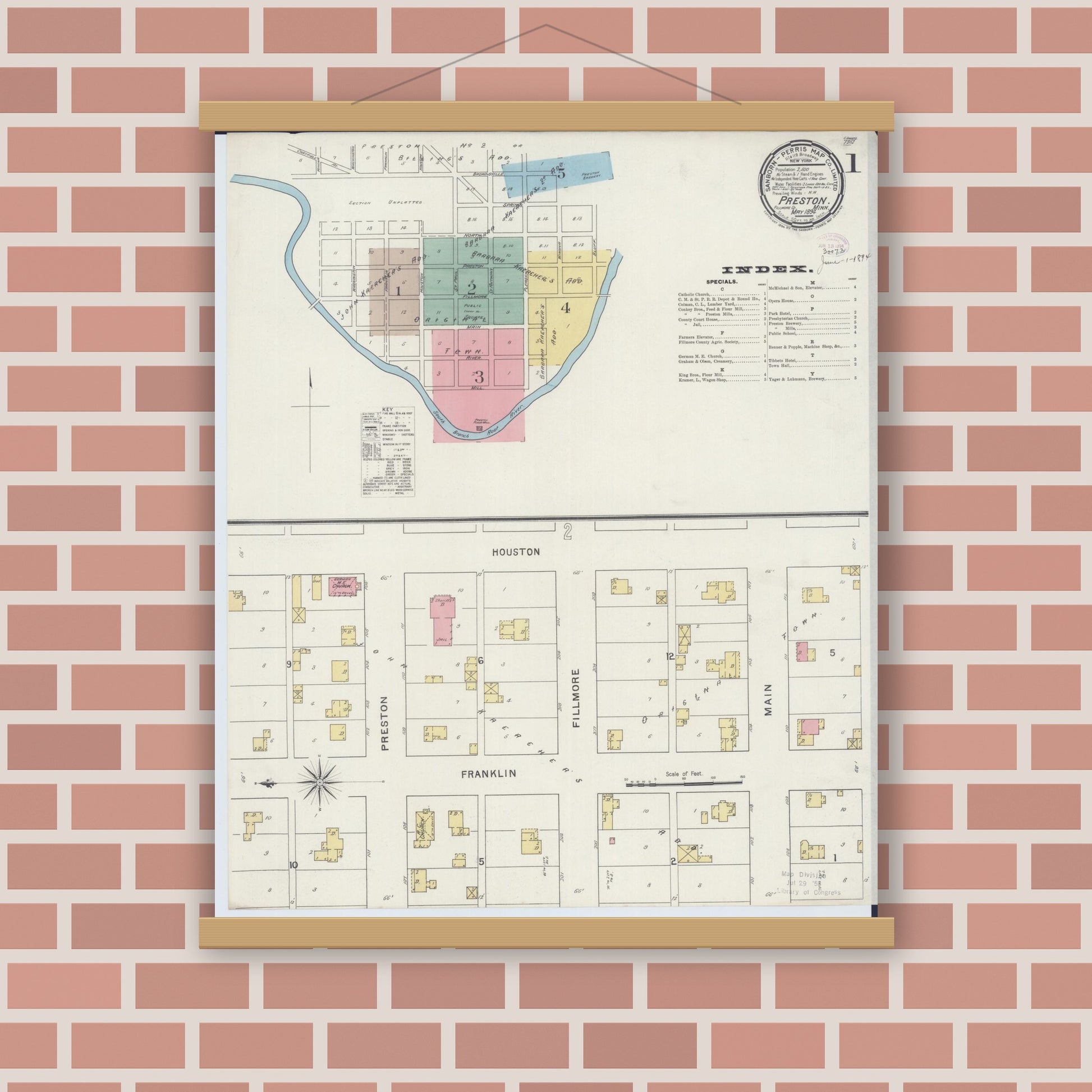 Old map wall art mockup — magnetic wood frame on brick wall — Sanborn Fire Insurance Map from Preston, Fillmore County, Minnesota (1894), Sheet #0001