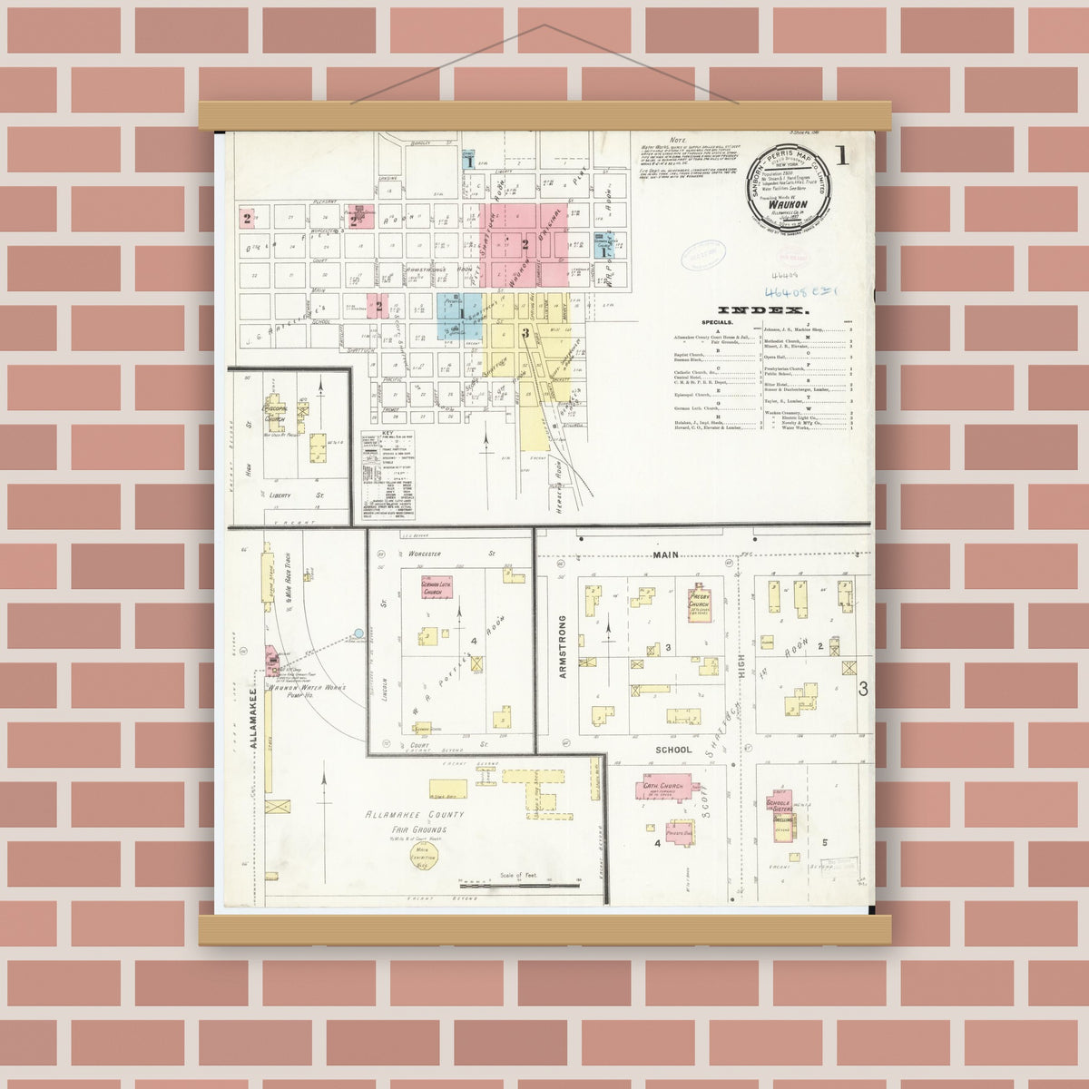 Old map wall art mockup — magnetic wood frame on brick wall — Sanborn Fire Insurance Map from Waukon, Allamakee County, Iowa (1897) â€” Complete Set