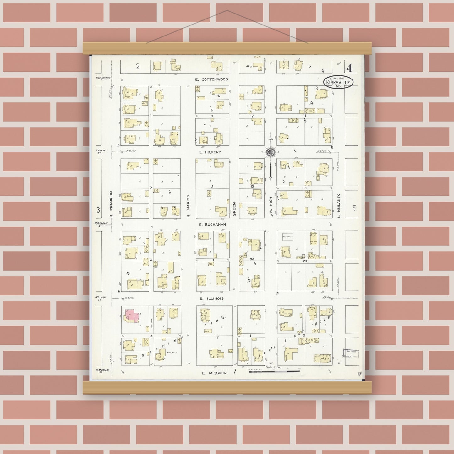 Old map wall art mockup — magnetic wood frame on brick wall — Sanborn Fire Insurance Map from Kirksville, Adair County, Missouri (1914), Sheet #0004