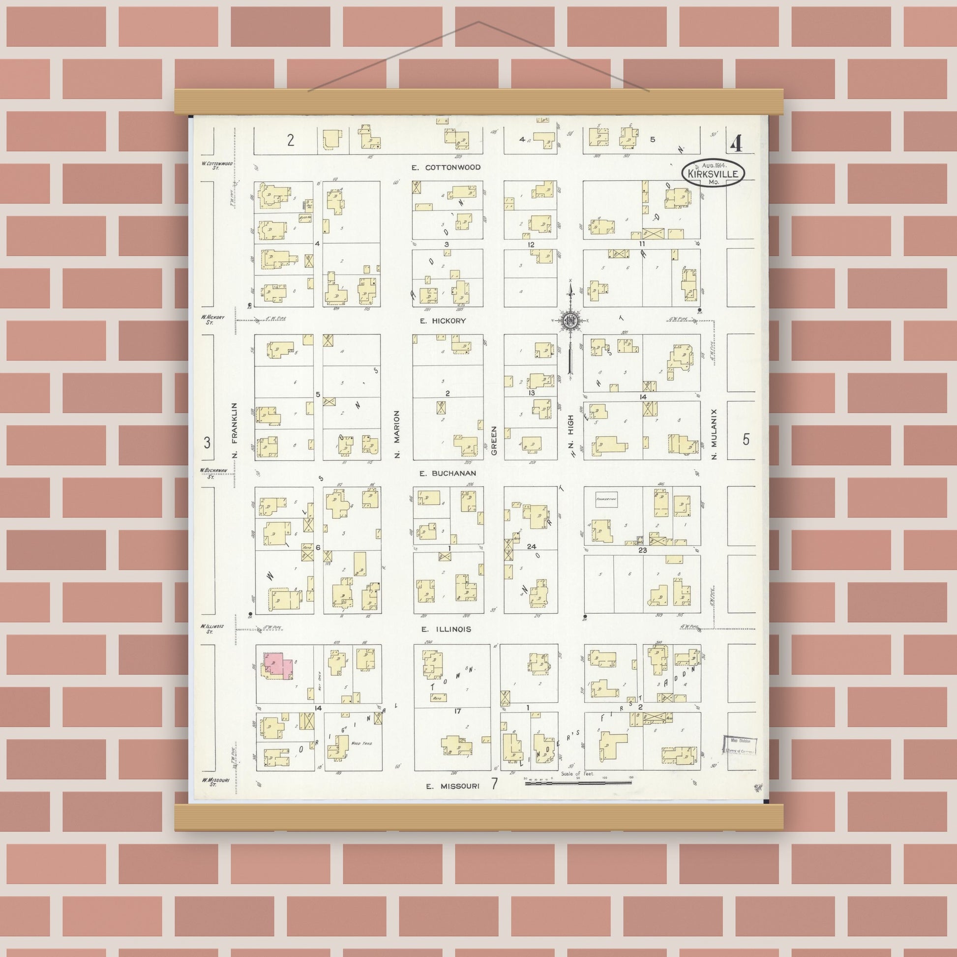 Old map wall art mockup — magnetic wood frame on brick wall — Sanborn Fire Insurance Map from Kirksville, Adair County, Missouri (1914), Sheet #0004