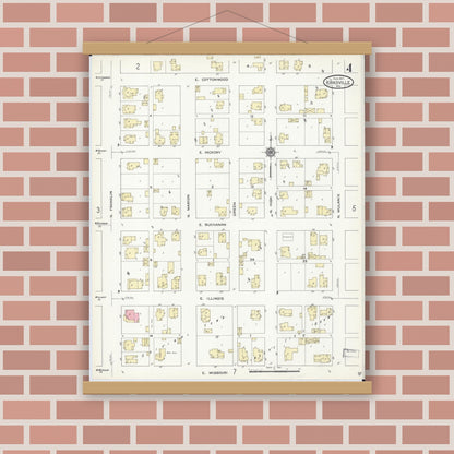 Old map wall art mockup — magnetic wood frame on brick wall — Sanborn Fire Insurance Map from Kirksville, Adair County, Missouri (1914), Sheet #0004