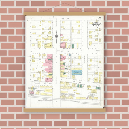 Old map wall art mockup — magnetic wood frame on brick wall — Sanborn Fire Insurance Map from Hartley, O'Brien County, Iowa (1909), Sheet #0002