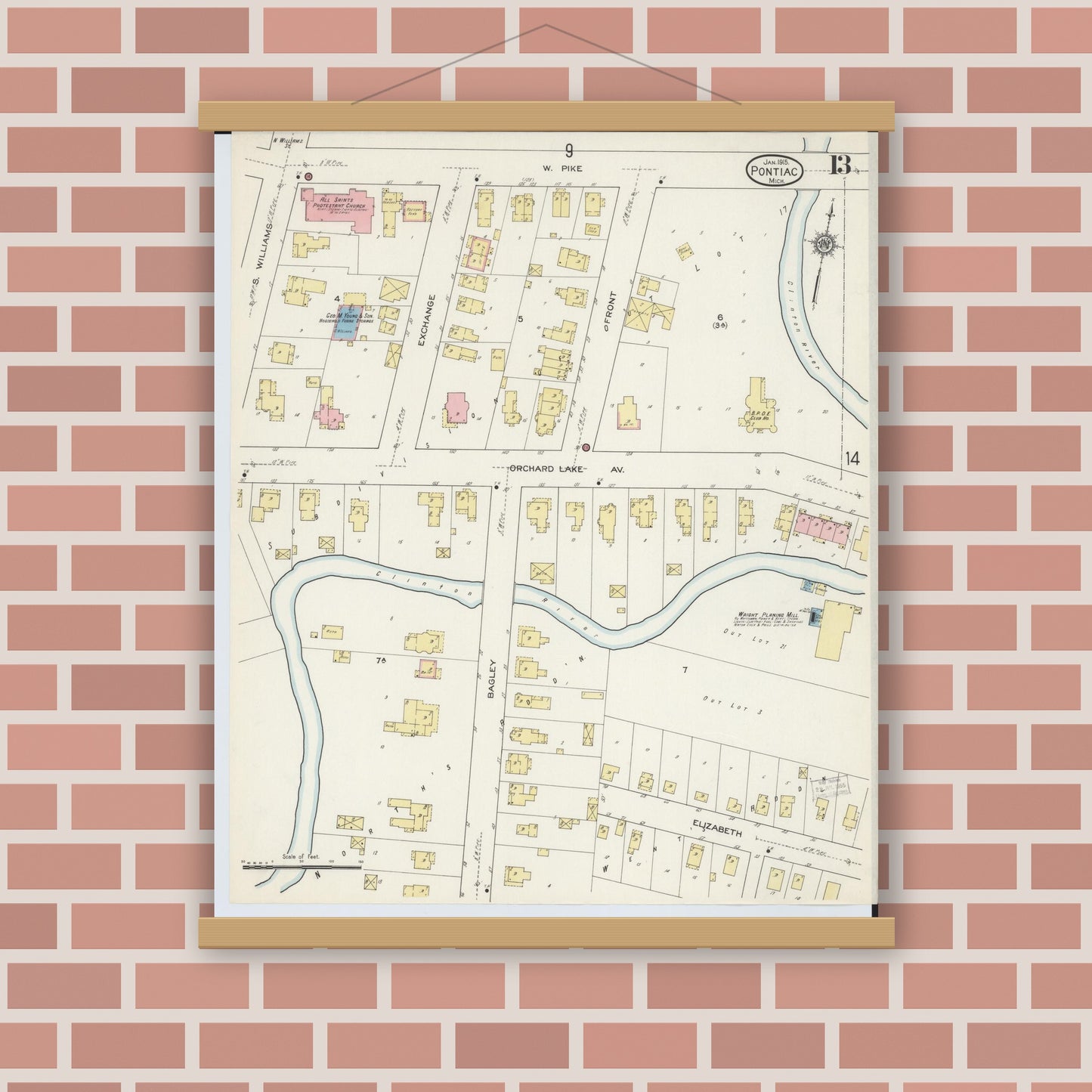 Old map wall art mockup — magnetic wood frame on brick wall — Sanborn Fire Insurance Map from Pontiac, Oakland County, Michigan (1915), Sheet #0013