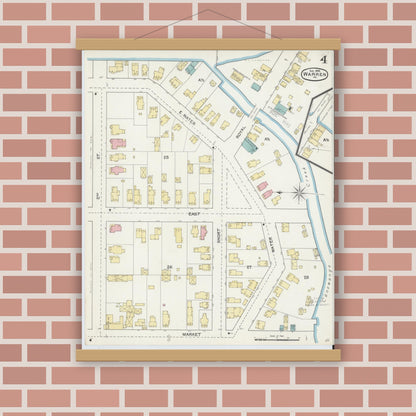 Old map wall art mockup — magnetic wood frame on brick wall — Sanborn Fire Insurance Map from Warren, Warren County, Pennsylvania (1892), Sheet #0004