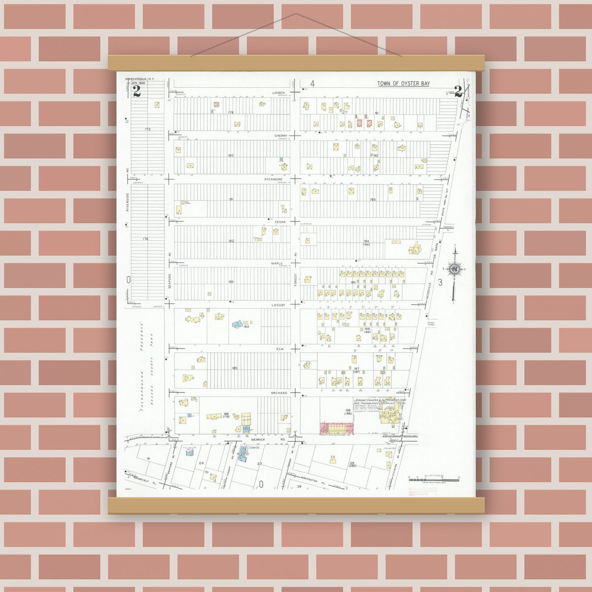 Old map wall art mockup — magnetic wood frame on brick wall — Sanborn Fire Insurance Map from Massapequa, Nassau County, New York (1948), Sheet #0002