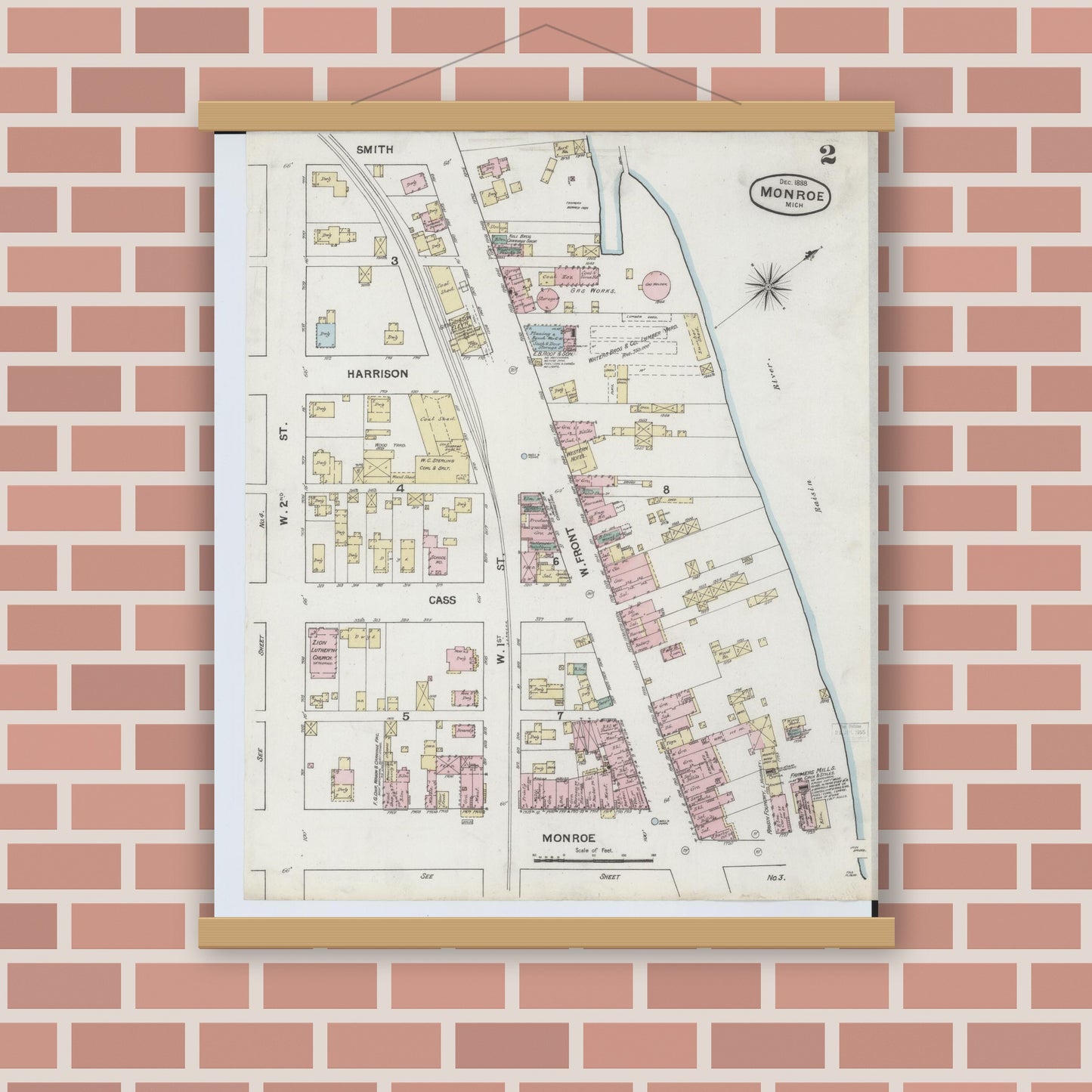 Old map wall art mockup — magnetic wood frame on brick wall — Sanborn Fire Insurance Map from Monroe, Monroe County, Michigan (1888), Sheet #0002