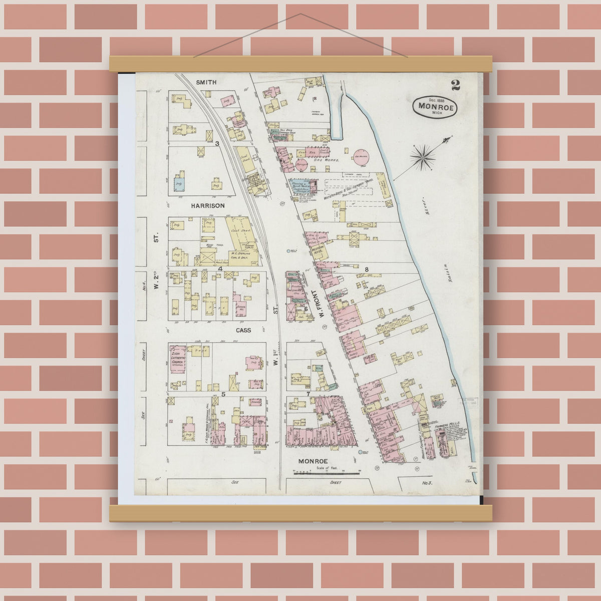 Old map wall art mockup — magnetic wood frame on brick wall — Sanborn Fire Insurance Map from Monroe, Monroe County, Michigan (1888), Sheet #0002