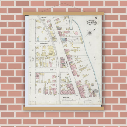 Old map wall art mockup — magnetic wood frame on brick wall — Sanborn Fire Insurance Map from Monroe, Monroe County, Michigan (1888), Sheet #0002