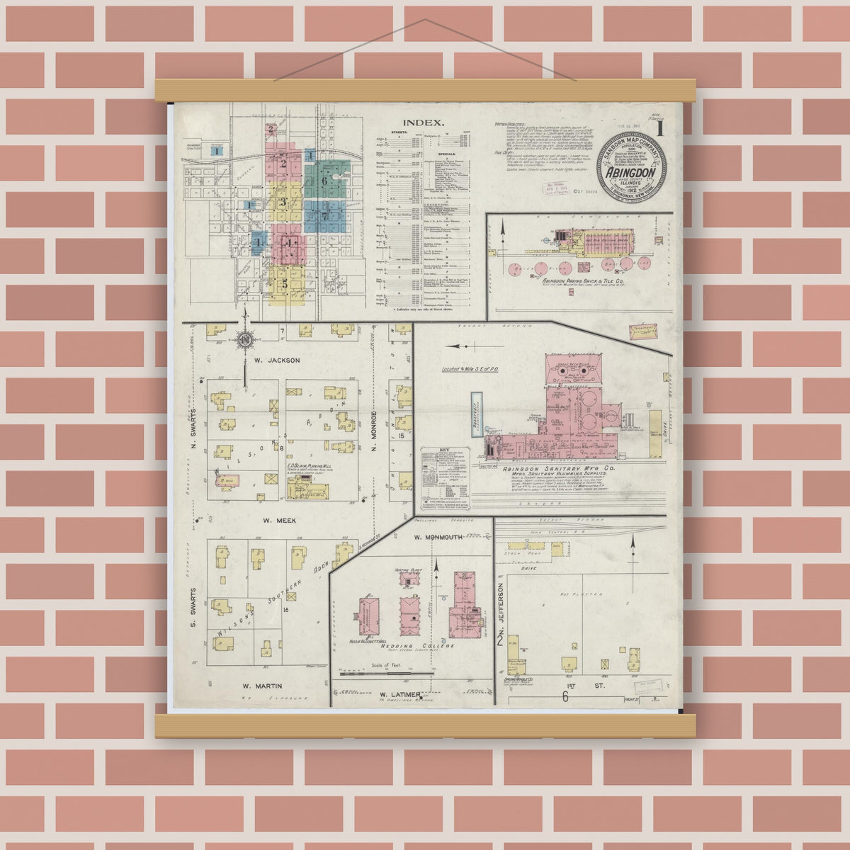 Old map wall art mockup — magnetic wood frame on brick wall — Sanborn Fire Insurance Map from Abingdon, Knox County, Illinois (1912), Sheet #0001