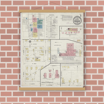 Old map wall art mockup — magnetic wood frame on brick wall — Sanborn Fire Insurance Map from Abingdon, Knox County, Illinois (1912), Sheet #0001